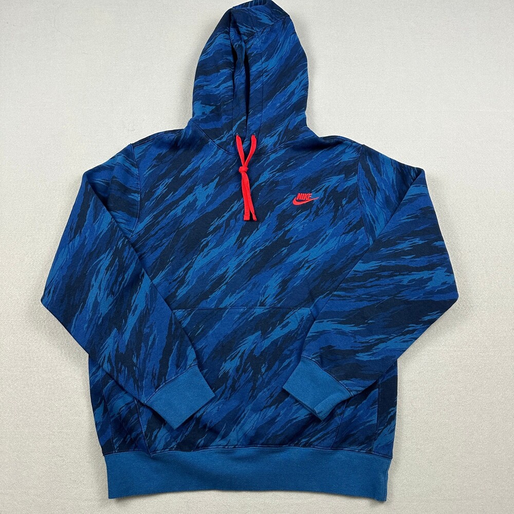 Nike Hoodie Men Medium Blue Camo Club Fleece Pullover Sweatshirt Pockets M